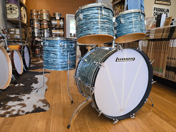 Drum Kits - 1970's Ludwig Classic Maple 14x24 8x12 9x13 14x16 (Concert Tom) Drum Kit (Bowling Ball Blue Oyster)